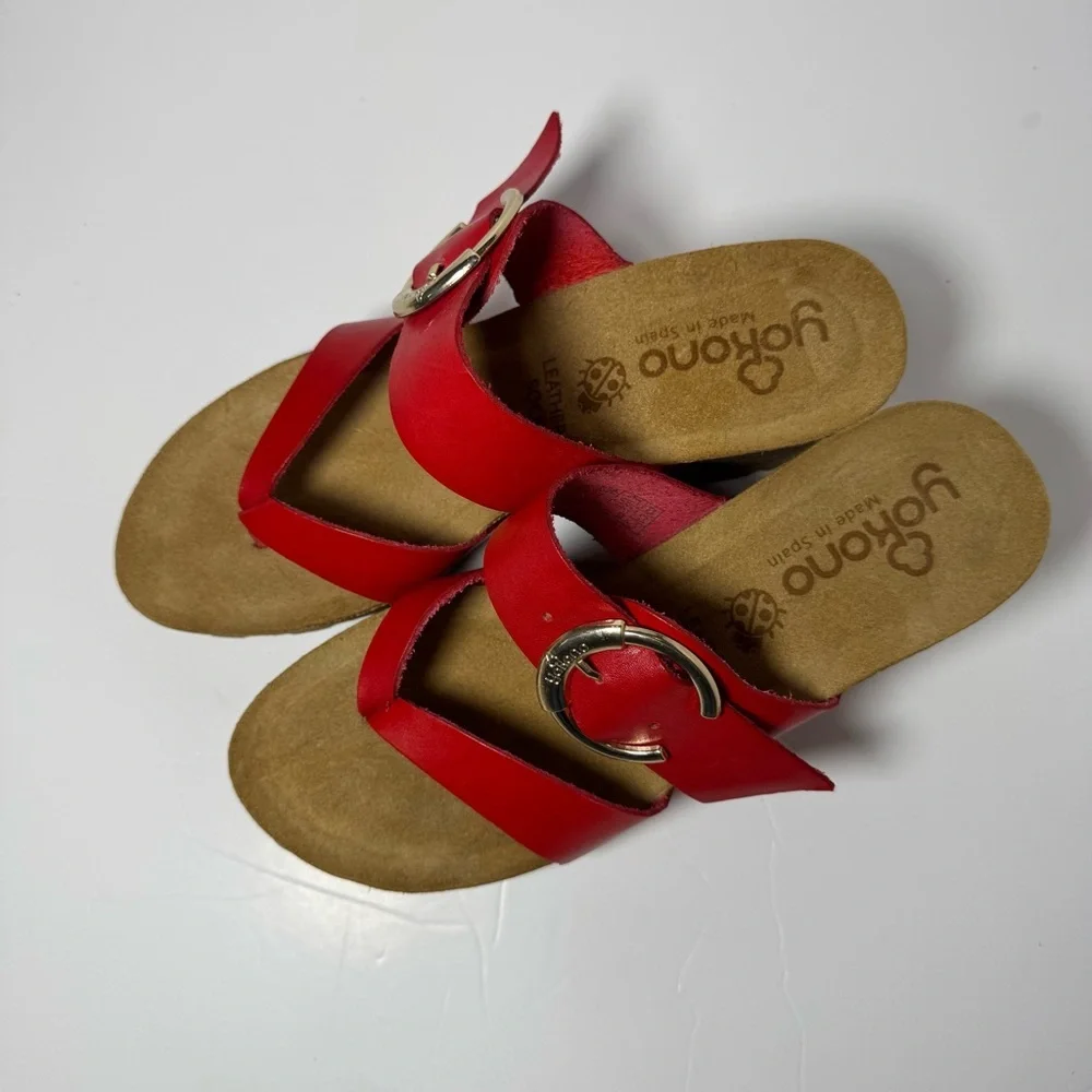 Yokono Red Leather Wedge Sandals Size 38 7 Buckle Strap Cork Platform Spain